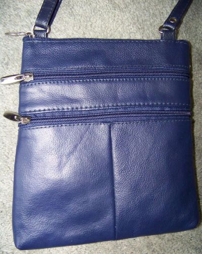 Dark Blue Faux Leather Crossbody Shoulder Handbag 5 Zippered Compartments