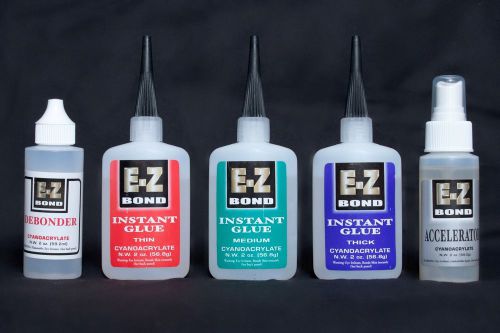 (3) 2OZ E-Z BOND SUPER GLUE THIN, MEDIUM, THICK,  2OZ DEBONDER,  2OZ ACCELERATOR