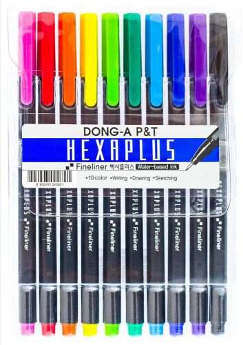 Dong-A P&amp;T Hexaplus Fineliner Pens 0.4mm 10 Color Set