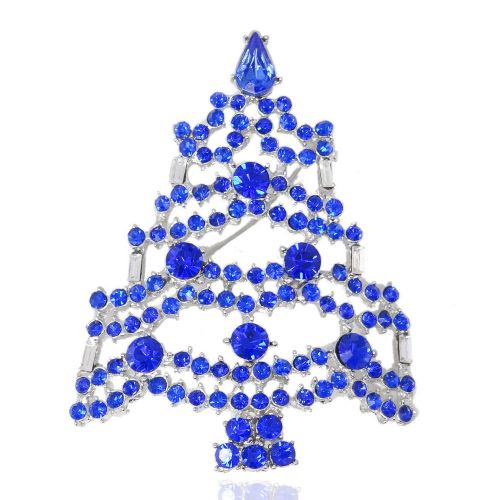 Chic Christmas Tree Lots Layer Brooch Pin Blue Austrian Crystal Silver Plated