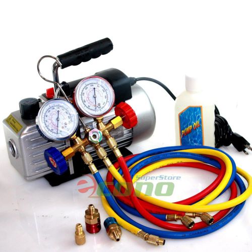 Deluxe r134a r12 r22 r502 manifold gauge set &amp; 2.5cfm vacuum pump 5ft hvac hoses for sale