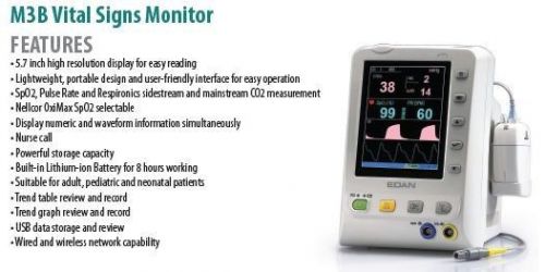 Edan M3B VITAL SIGNS Monitor with mainstream ETCo2 *NEW* STAND ALONE MONITOR
