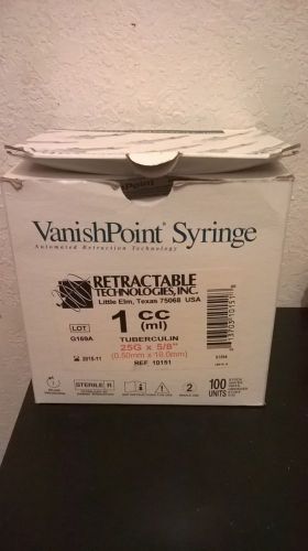 Vanish Point Retractable Syringe 1ml / cc 25g x 5/8 Ref 10151 Exp 2015-011 100pc