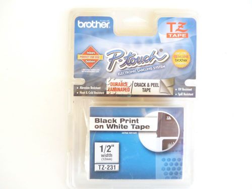 NEW IN PACKAGE - 1/2&#034; P-TOUCH TZ TAPE - BLACK PRINT ON WHITE TAPE - MPN TZ231