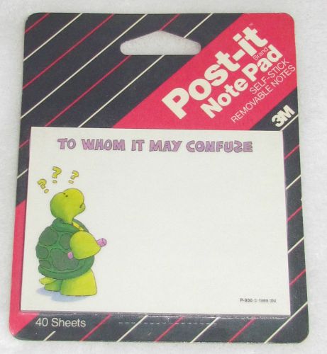 NEW! 1989 VINTAGE 3M POST-IT NOTES PAD &#034;TO WHOM IT MAY CONFUSE&#034; TURTLE 40 SHEETS
