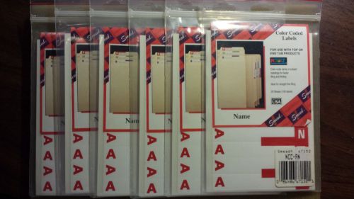 6 NIB Smead Color Coded First Letter Name Labels A-N Red-100 Labels Ea.--#67152!