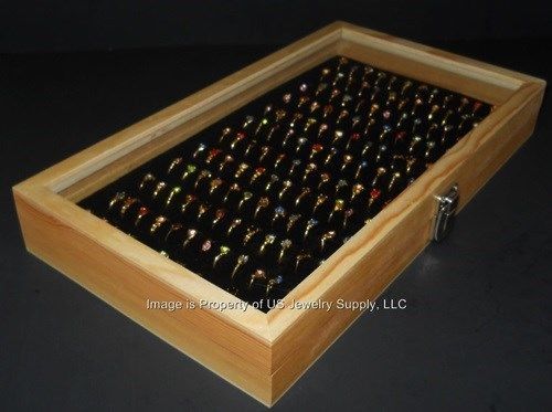 Natural Wood Glass Top Lid 144 Ring Black Showcase Jewelry Display Case