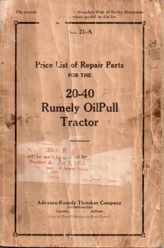 Original No. 21-A Rumely OilPull 20-40 Tractor Parts Price List