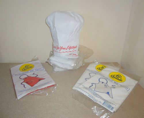 5 Linen Cloth White Chef&#039;s Hat w Velcro Fastener Plus 3 Bib Aprons