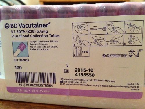 100 Pack BD VACUTAINER 2K EDTA Plus Blood Collection Tubes 3.0mL REF 367856