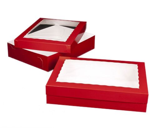 Dress My Cupcake 2-Piece Window Cupcake Box, Red/White, Set of 100 - 19&#034;X14&#034;X14&#034;