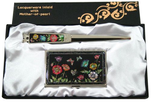 nacre poppy Business card holder case envelope letter opener knife gift set#10