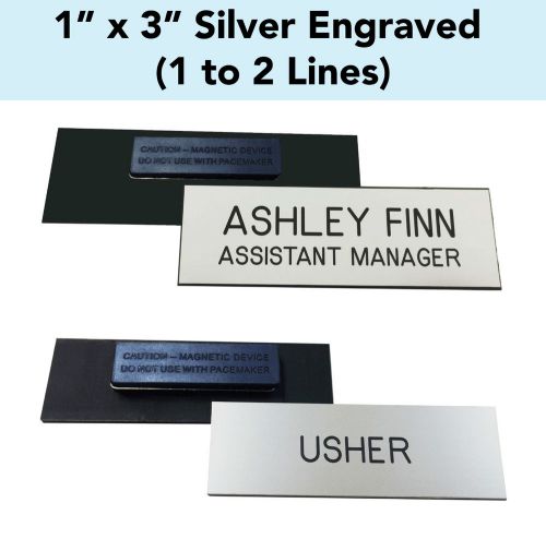 Custom engraved silver - 1&#034; x 3&#034; name badge tag w/ magnet personalized business for sale