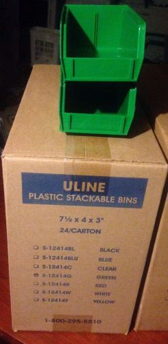 New Plastic Stackable Bins Uline Green 7 1/2 X 4 X 3. Full carton of 24 pieces.