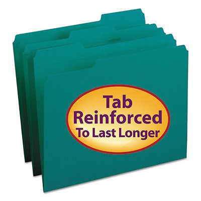 File Folders, 1/3 Cut, Reinforced Top Tab, Letter, Teal, 100/Box
