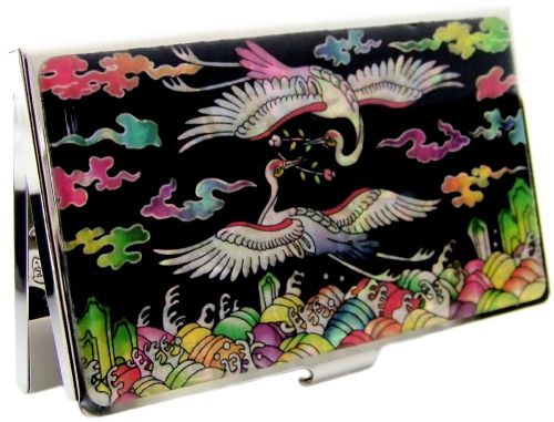 MOTHER OF PEARL BOX_NAME CARD HOLDER CASE_RED CROWNED CRANE DESIGN