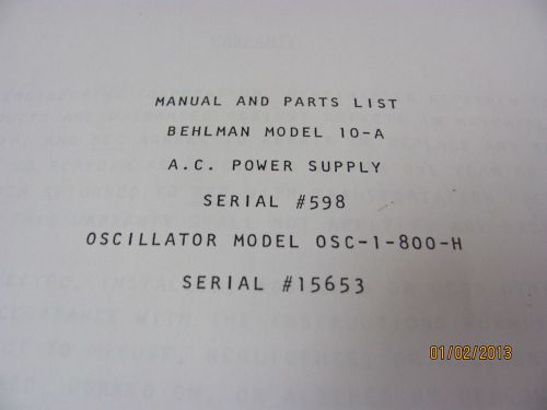 BEHLMAN MODEL 10-A AC Power Supply: Manual &amp; Parts List