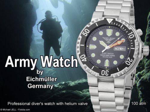 Army Watch, Professional Diver Watch, Black, 100 atm, Seiko VX43e, Day &amp; Date,