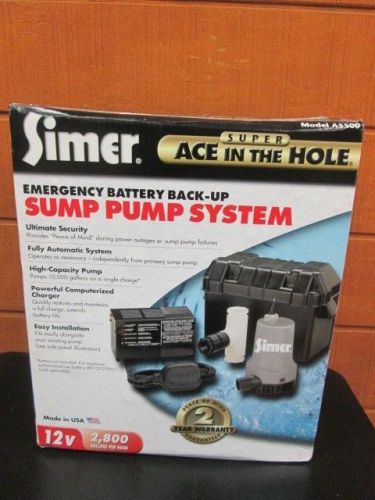 Simer Ace-In-The-Hole Battery Backup Sump Pump System Model A5500 12V NIB