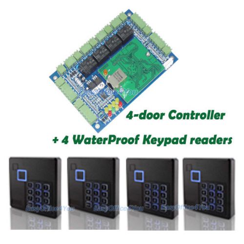 Tcp/ip 4 door entry access control system+ 4 keypad proximity readers+ software for sale