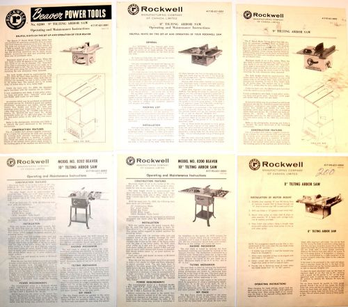6 pc rockwell &amp; rockwell beaver 8&#034;-10&#034; tilting table saw instruction group rr101 for sale