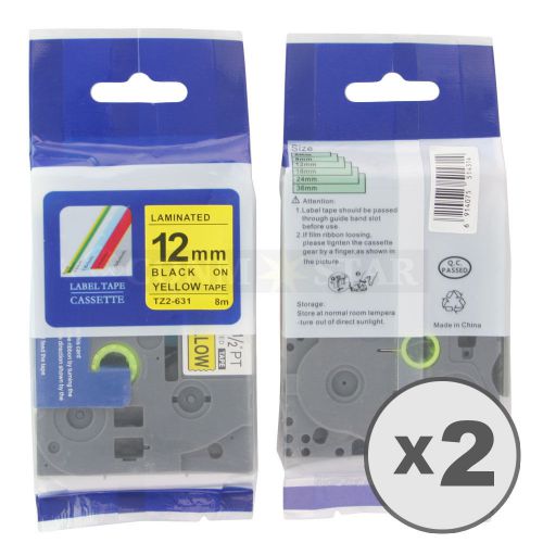 2pk black on yellow tape label for brother p-touch tz tze 631 12mm 1/2&#034; 26.2ft for sale