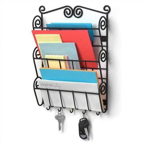 Home Office Wall Mounted Letter Holder Mail Sorter In Black Metal With Key Hooks