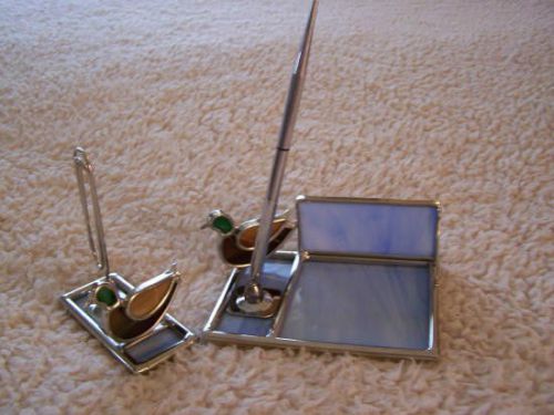 2 PC DESK SET W/PEN CHROME/STAINED GLASS WITH DUCKS - ADORABLE - MINT CONDITION