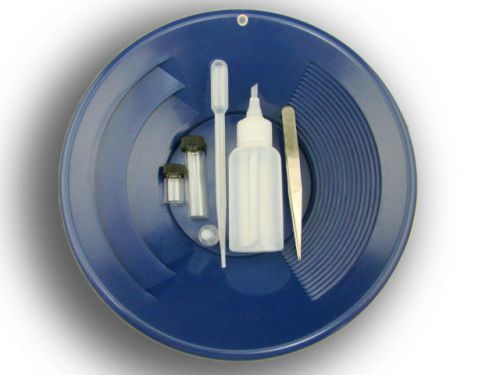 6 Pc Gold Panning Clean up Kit-Snuffer-Sniffer-Tweezers-2 Vials-Blue 10&#034; Pan