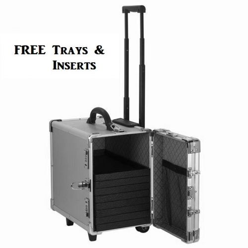 MEDIUM ALUMINUM JEWELRY CARRYING CASE TRAVEL ROLLING CASE w/FREE 12 TRAY&amp;INSERTS