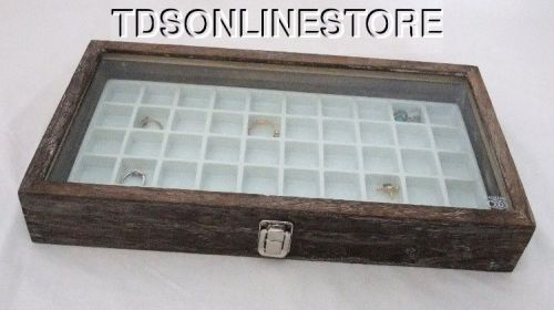 Rustic Antique Coffee Color 50 Slot Jewelry Glass Top Display Case White