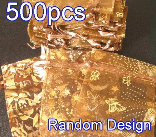 500x Random Design Brown Coffee Organza Bag Pouch for Gift 7x9cm(2.7x3.5&#034;)