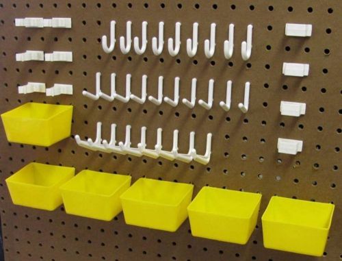 43 pc. pegboard kit tool storage, white peg hooks &amp; yellow part bins # m* for sale