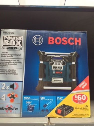 New Bosch Power Box Jobsite AM/FM Stereo PB360S WITH SLIM 18V BATTERY