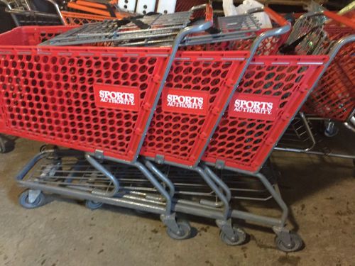 3 Cherry Red Medium Plastic Shopping Cart Used &amp; Reconditioned With Gray Frame