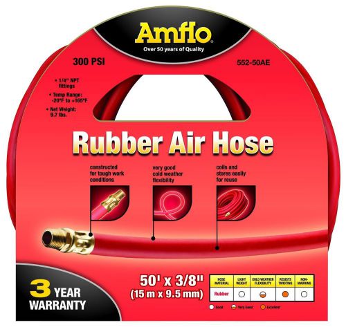 Amflo 552-50ae red 300 psi rubber air hose 3/8&#034; x 50 with 1/4&#034; npt end fittings for sale