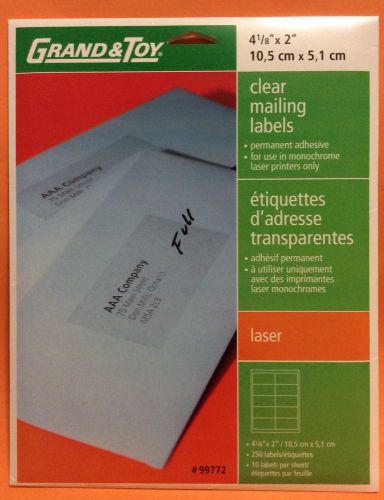 GRAND &amp; TOY Clear Mailing Labels w 250 4 1/8&#034; x 2&#034; labels For LASER Printer