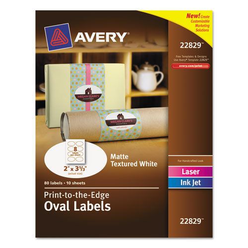 Print-to-the-Edge Oval Labels, Matte Textured White, 2&#034; x 3-1/3&#034;, 80/Pack