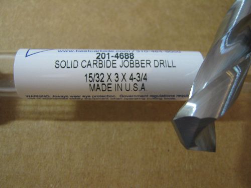 15/32&#034; (.4688) jobber (std) carbide 25 deg helix 118 deg split pt drill &#034;new&#034; for sale