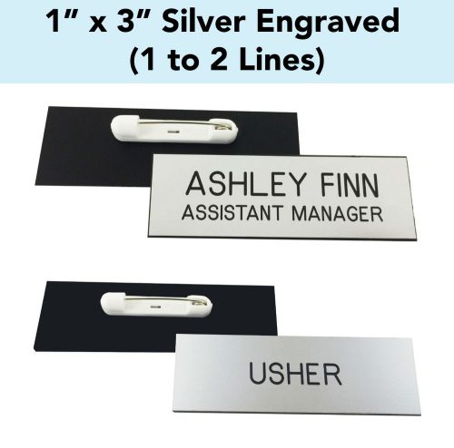 CUSTOM ENGRAVED SILVER - 1&#034; x 3&#034; Name Badge Tag with PIN - Personalized Business