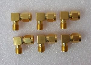 Qty 6  -  SMA Male to SMA Female 90 deg Right Angle RF Adapters - Gold Plated