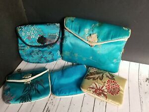 5 Chinese Embroidery Brocade Jewelry Pouches Preowned 2.5-4&#034; One Zip Others Snap