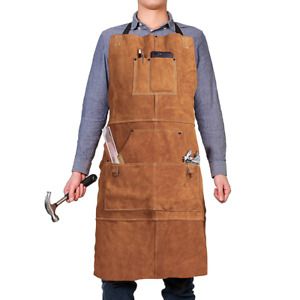 Real Leather Work Shop Apron with 6 Tool Pockets Heat &amp; Flame Resistant Durable