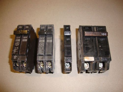 Lot of 4 GE Circuit Breakers,  1-100amp, 1-50amp, 1-30amp, 1-15amp