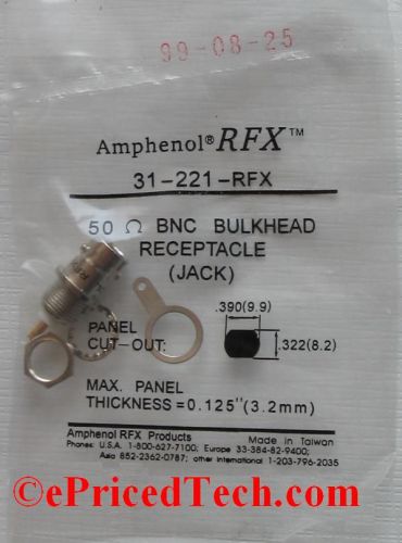 Bnc bulkhead connector jack 50 ohm solder 31-221-rfx amphenol for sale