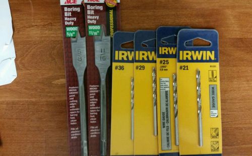 lot of 6 drill bits 4 metal # 36 29 25 21 Irwin &amp; 2 ACE wood paddle 5/8&#034; 11/16&#034;