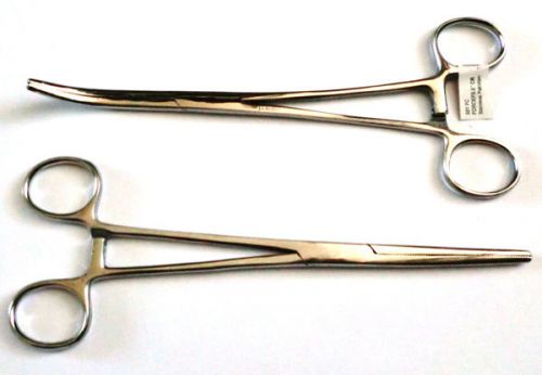 New 2pc Set 8&#034; Straight + Curved Hemostat Forceps Locking Clamps  Stainless