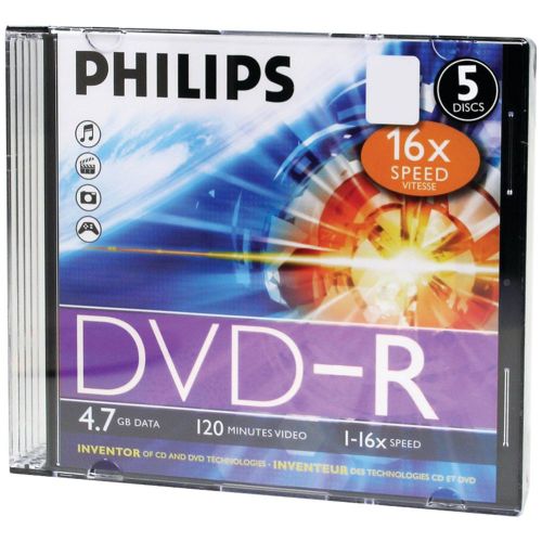 PHILIPS DM4S6S05F/17 4.7GB 16x DVD-Rs with Slim Jewel Cases, 5 pk