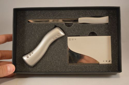 Brushed Steel Letter Opener, Business Card Holder and stand