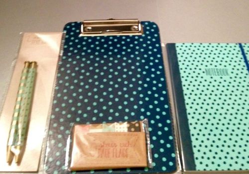 Blue/green polka dotted pens, post-its, notepad &amp; clipboard set for sale